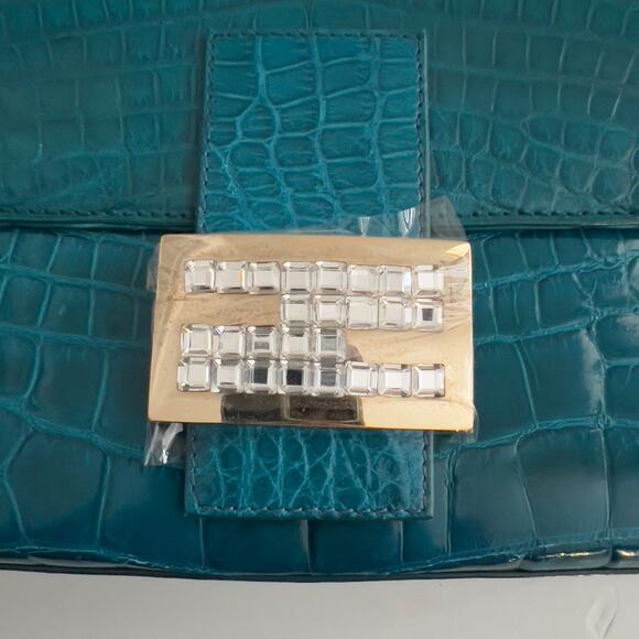 Vintage Blue Crocodile Skin Rhinestone Buckle Baguette - Picture 4 of 8